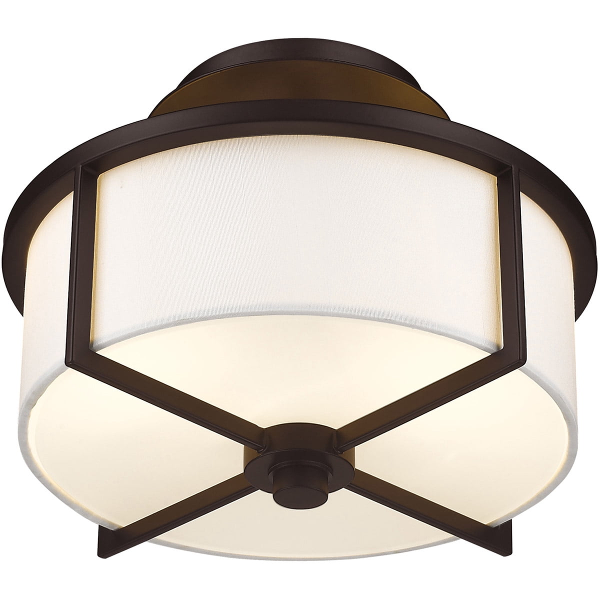 2 Light Bronze Ceiling Light fixture with Hand Crafted Off-White Fabric Hardback Shade