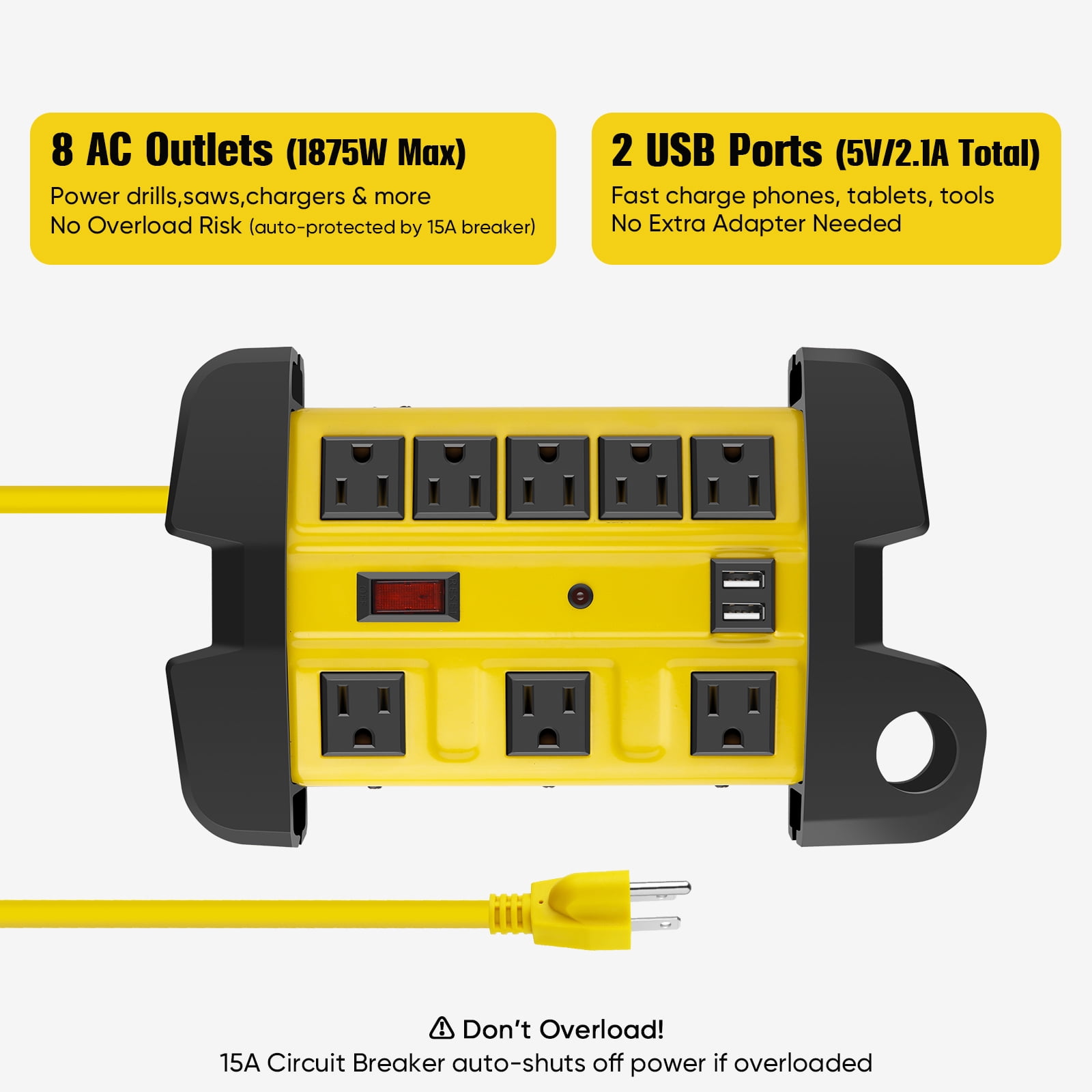 VILONG Heavy Duty Power Strip Surge Protector, 8 Outlets & 2 USB Ports Charging Station– 2700J Surge Protection, 15A Circuit Breaker, Wall Mount for Workshop, Garage