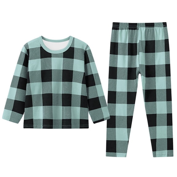 RUTAYY Girls Pajama Set Plaid Print Long Sleeve 2 Piece Set Crew Neck Resting Loungewear, Light Green