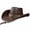 Brown, variant on Unisex Distressed Faux Leather Cowboy Hat, Wide Curved Brim Western Ranch Hat with Longhorn Bull Head Leather Band & Adjustable Chin Strap