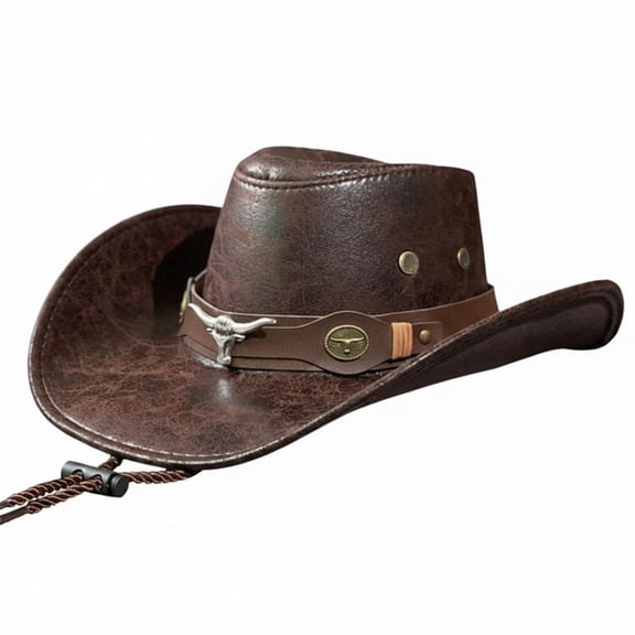 Unisex Distressed Faux Leather Cowboy Hat, Wide Curved Brim Western Ranch Hat with Longhorn Bull Head Leather Band & Adjustable Chin Strap