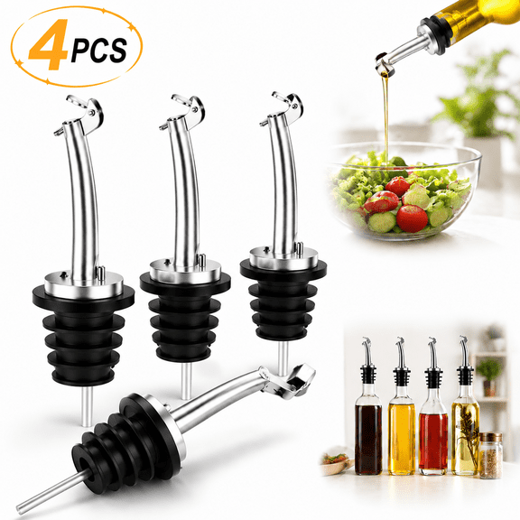 Genreen 4 Pcs Oil Spout Liquor Bottle Pourer Spouts Stainless Steel Speed Pour Spouts Olive Oil Dispenser Spout for About 3/4" Bottle Mouth, with Flip Top