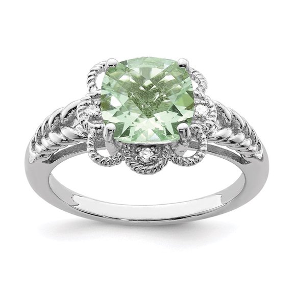Auriga Fine Jewelry 925 Sterling Silver Rhodium Checker-Cut Green Quartz & Diamond Ring for Women Size 10