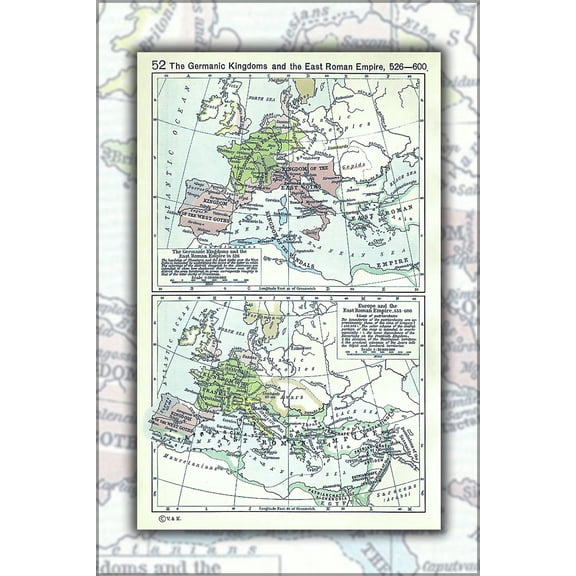 24"x36" Gallery Poster, political map of Europe, situation as of c. 526-600