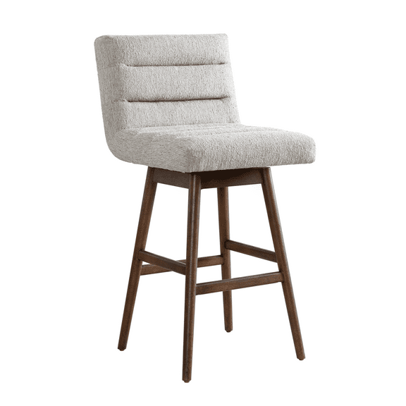 Armen Living Elias Brown Solid Wood Upholstered 30" Bar Height Swivel Barstool with Morning Fog Fabric Seat