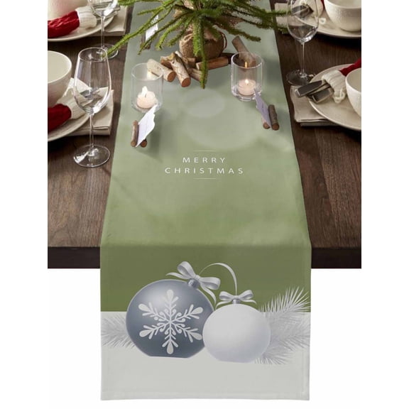Sage Green Christmas Cotton Linen Table Runner for Dining Kitchen, Xmas Balls Pine Needles Snowflakes Wedding Outdoor Party Tablerunners Decoration, Dresser Scarf Coffee Tablecloth Runners 13"x72"