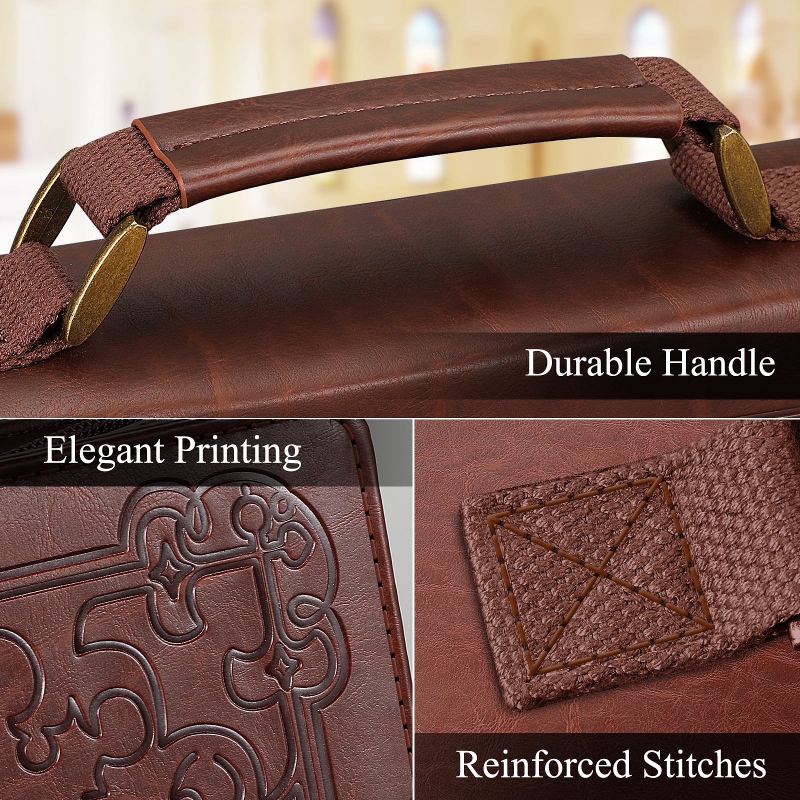 Classic Bible Cover, FINPAC Large PU Leather Carrying Book Case Church Bag Bible Protective with Handle, Perfect Gift for Women, Lady, Mother, Friends [Trust in The Lord], Brown