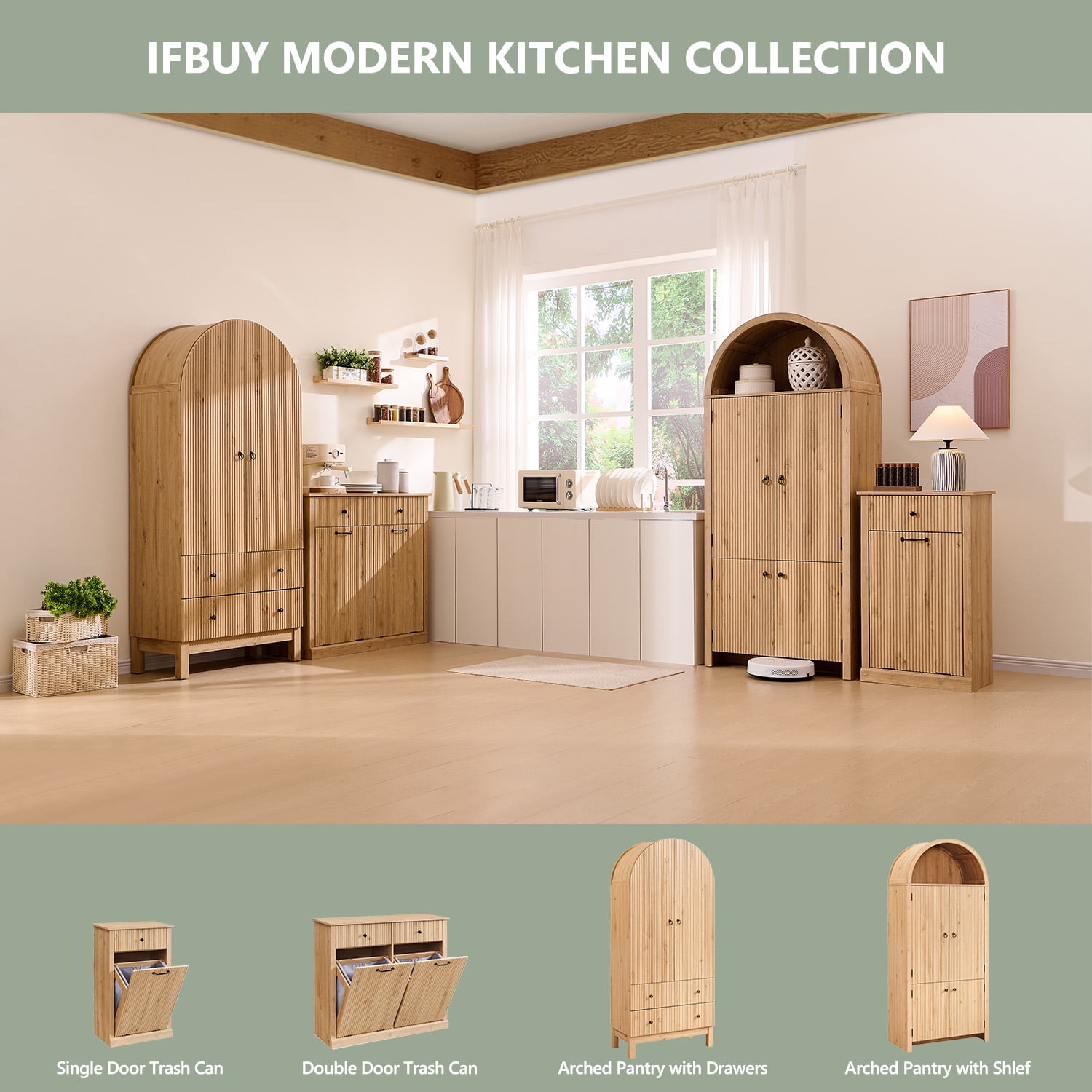 IFGET Double Fluted Tilt-Out Trash Can Cabinet, 20 Gallon Wood Hidden Garbage Can Cabinets with Storage Drawers, Laundry Hamper Cabinet for Bathroom, Kitchen