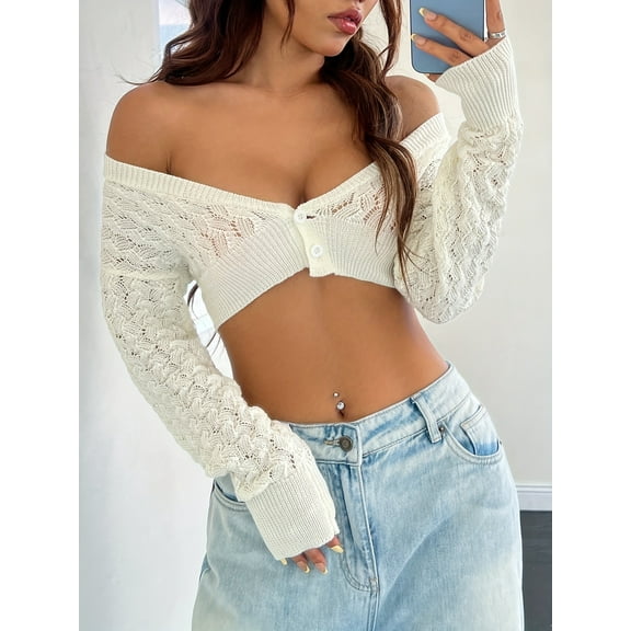 Women’s 100% Cotton Cropped Cardigan – Long Sleeve V-Neck Button-Up Top with Eyelet Lace Detailing, Ribbed Knit Sweater for Spring & Summer
