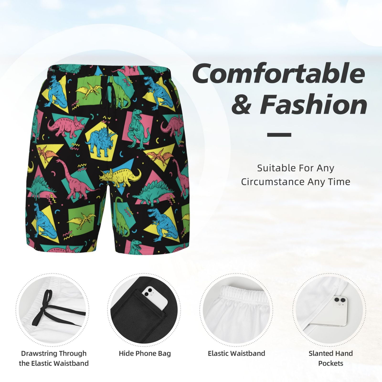 Xecao Geometric Dinosaur for Men's Swimming Trunks Swim Trunks Quick Dry Swim Shorts with Mesh Lining Funny Swimwear Bathing Suits