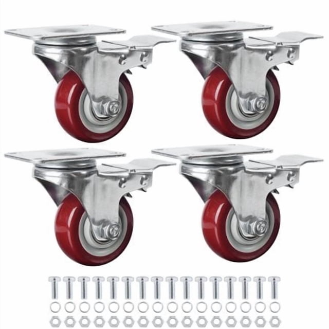 Finnhomy 3 Inch Caster Wheels Set Of 4 With Brake Heavy Duty Plate Swivel Casters Premium Polyurethane Wheels Pu Load Bearing 2,200 Lbs Lockable Anti-Wear Smooth Casters Red