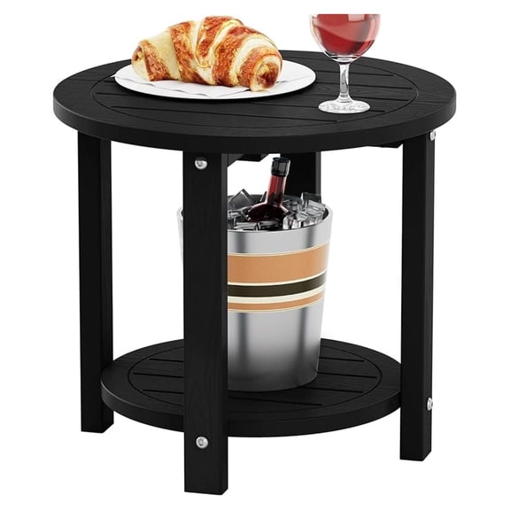 Outdoor Side Table for Patio - 16in HIPS Round End Table, 2-Tier Adirondack Table for Patio, Porch, Yard, Beach (Black)