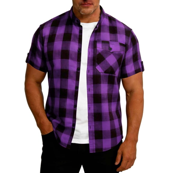 Blczomt Button Down Mens Shirt Short Sleeve Purple Plaid T Shirts Casual Big and Tall Oversized Tshirts for Men