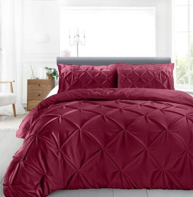 Cloud Fino Luxurious Pinch Pleated Duvet Cover Set 100% Egyption Cotton 600 Thread Count Pintuck Design Decorative Soft Bedsheet Set(Burgundy,King/California King)