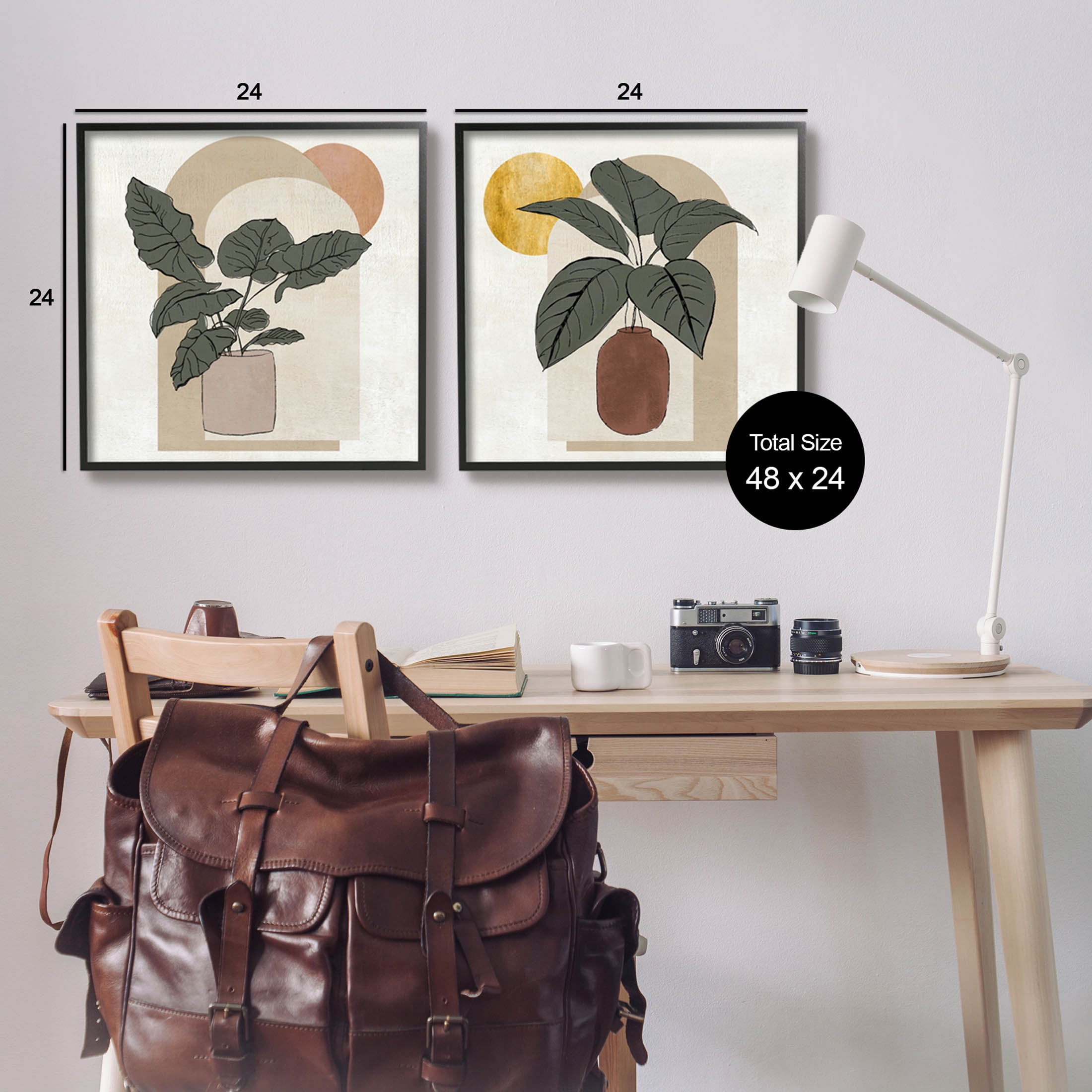 Potted Plant Leaves Geometric Shapes Botanical & Floral Graphic Art Black Framed Art Print Wall Art, Set of 2