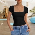 thumbnail image 2 of Htigea Women's Square Neck Crop Tops Short Sleeve Slim Fitted Summer Basic T Shirts for Going Out Black XXL, 2 of 7
