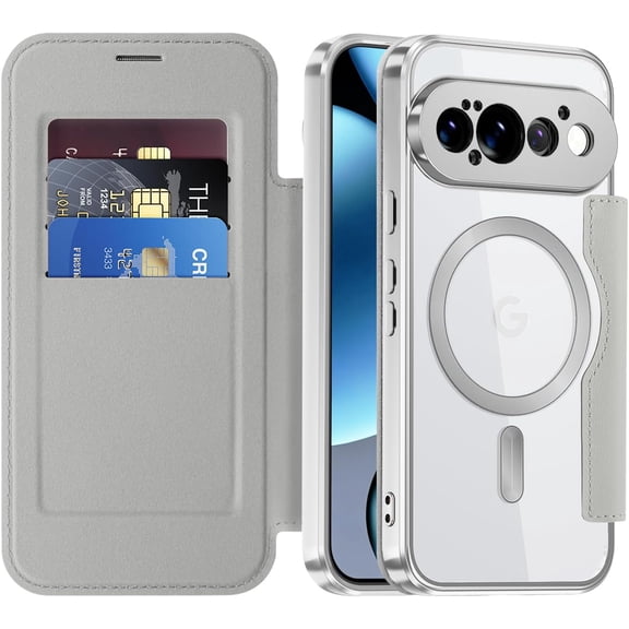 MYKOMI Magnetic for Google Pixel 11 Pro XL Wallet Case Leather ,Compatible with MagSafe,with Card Holder,RFID Blocking,Clear Back ,Shockproof,Camara Lens Cover,Flip Cover,for women men