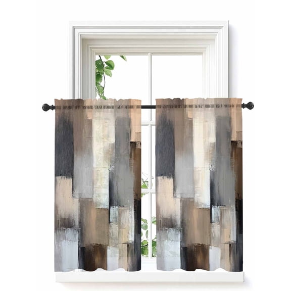 Grey Brown Abstract Tier Curtains 45 Inch Length,Sheer Curtains for Bedroom Living Room Window Oil Painting Color Blocks Rod Pocket Voile Drapes Kitchen Curtains Small Half Window 27.5"x45" 2 Panels