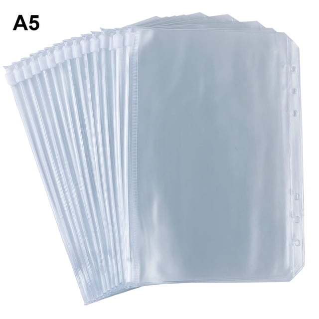 Paquete de 15 bolsillos para carpetas A5, de PVC transparente, con 6 orificios, con cremallera, sobres impermeables para presupuestos y dinero