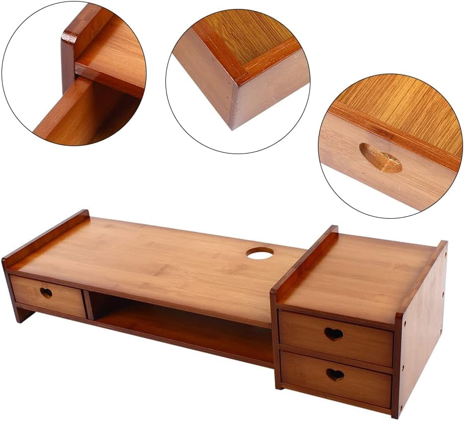 Monitor Stand Riser with 3 Drawers 2-Tier Bamboo Wood Computer Riser for Desk Home Office Desktop Stand Storage Organizer for TV Laptop Computer PC