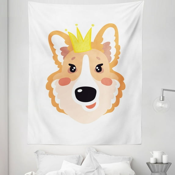Empress Tapestry, Cartoon Illustrated Happy Corgi Dog Puppy Animal in Prince Crown, Fabric Wall Hanging Decor for Bedroom Living Room Dorm, 5 Sizes, White Pale Orange and Mustard, by Ambesonne