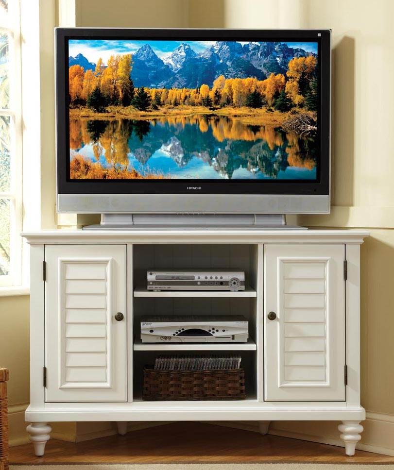 Corner TV Stand in Brushed White Finish (Brushed White)