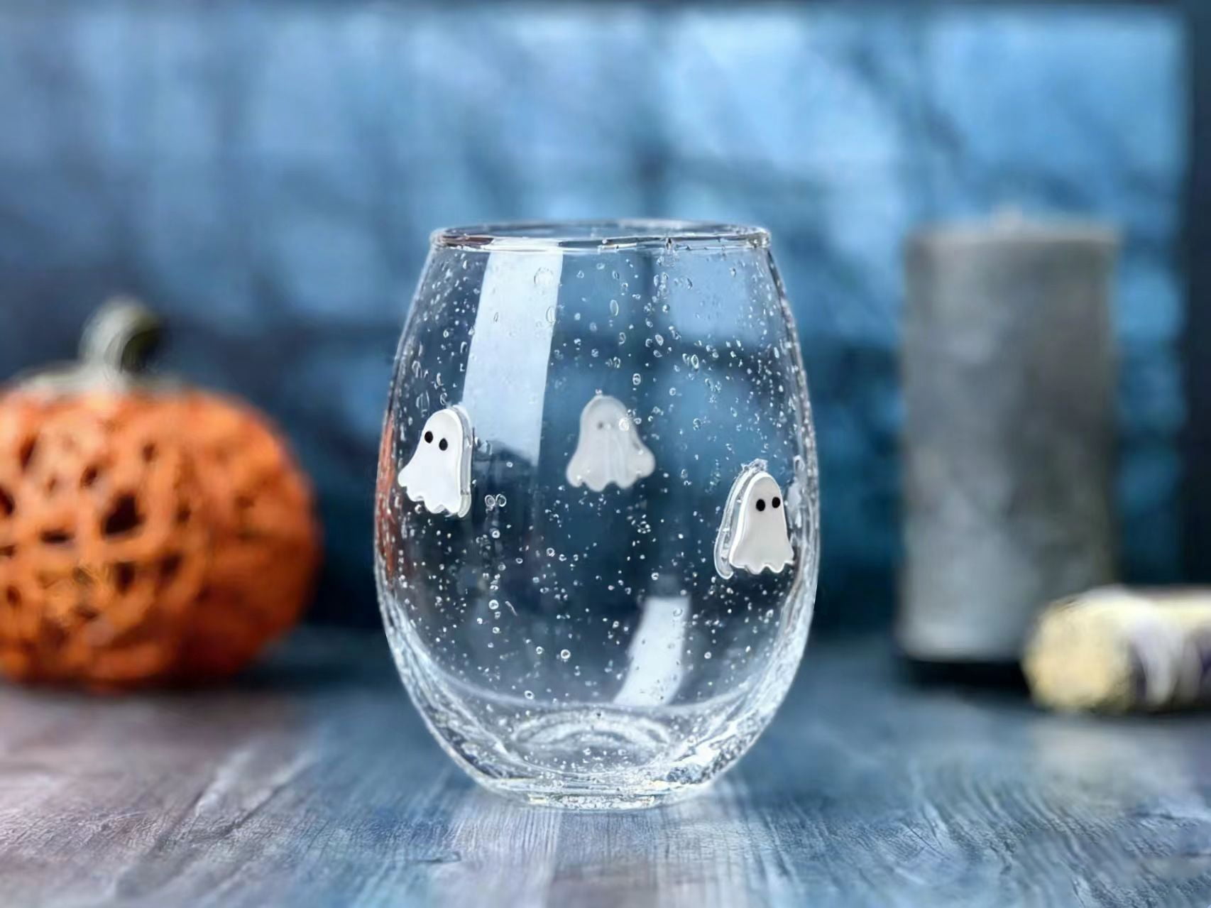 Way to Celebrate Halloween Ghost Charm Stemless Wine Glass with Bubble Texture