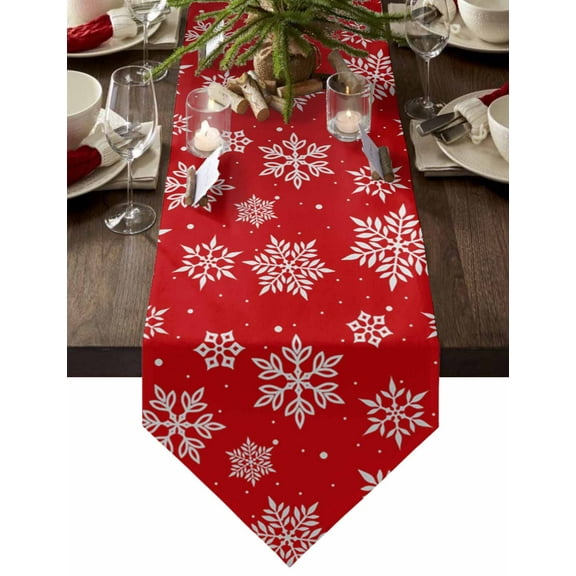 Table Runner Dresser Scarves Winter Christmas White Snowflakes Cotton Linen Burlap Table Cover Modern Geometric Art on Red Table Runners for Family Kitchen Dining Holiday Party Banquet Decor