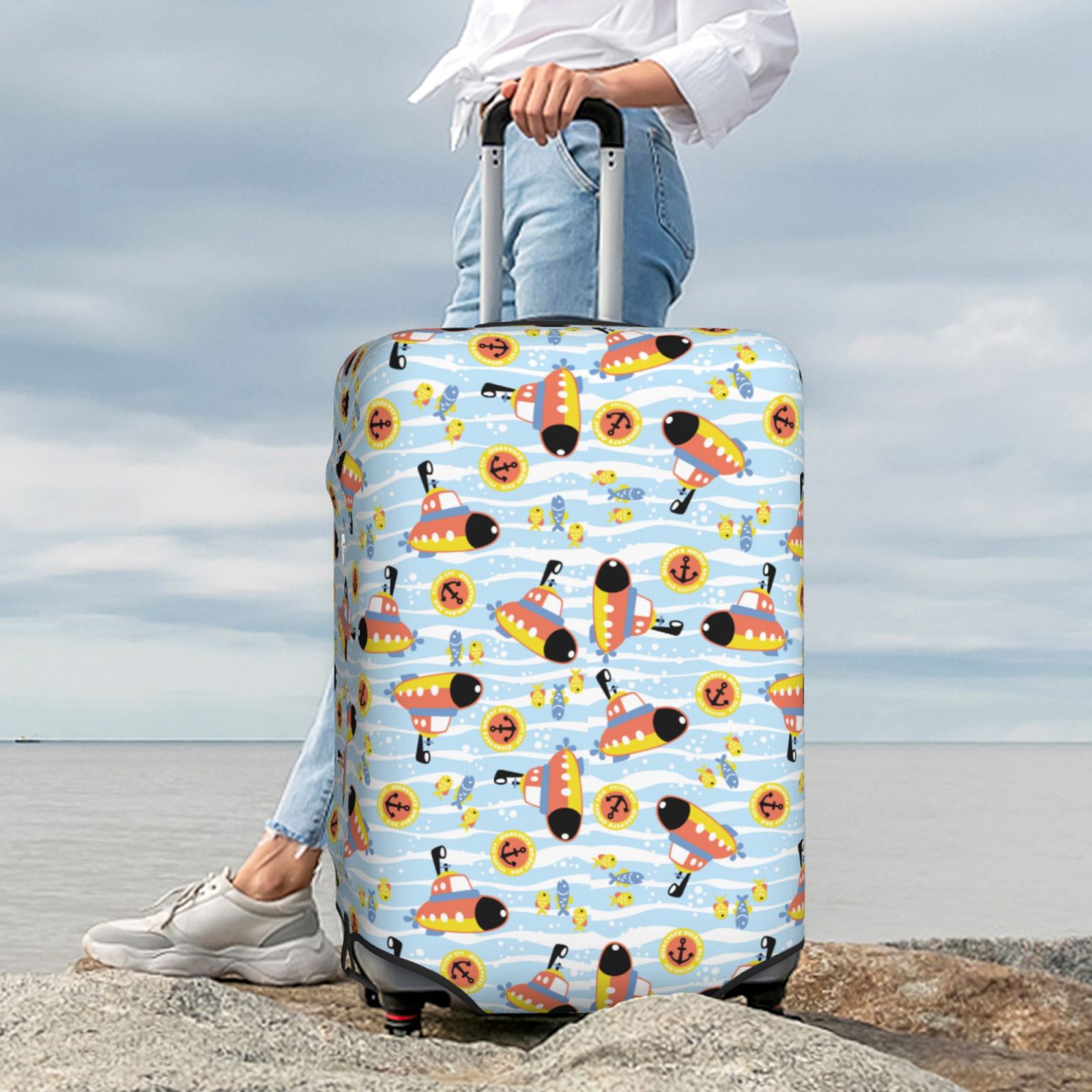 Hirioo Submarine With Fishes Undersea for Elasticity Suitcase Cover (No luggage Included) Durable Luggage Protector Fits 18-32 Inch Luggage-Small