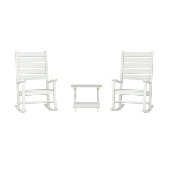 Emma   Oliver White 3-Piece Indoor/Outdoor Set with 2 Modern-Style Rocking Chairs with Matching End Table for All-Weather Use