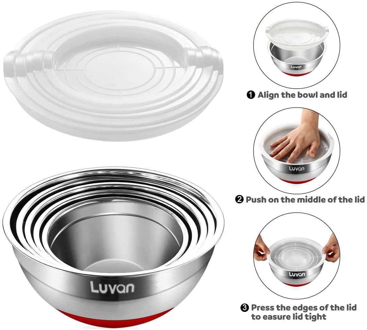 Luvan 304 Stainless Steel Mixing Bowls with Lids,Wide Rim for Easy Grip and Pouring,Extra Deep for Generous Servings,Stackable for Easy Storage,FDA-Approved/&BPA-Free,Versatile in Kitchen,Set of 5