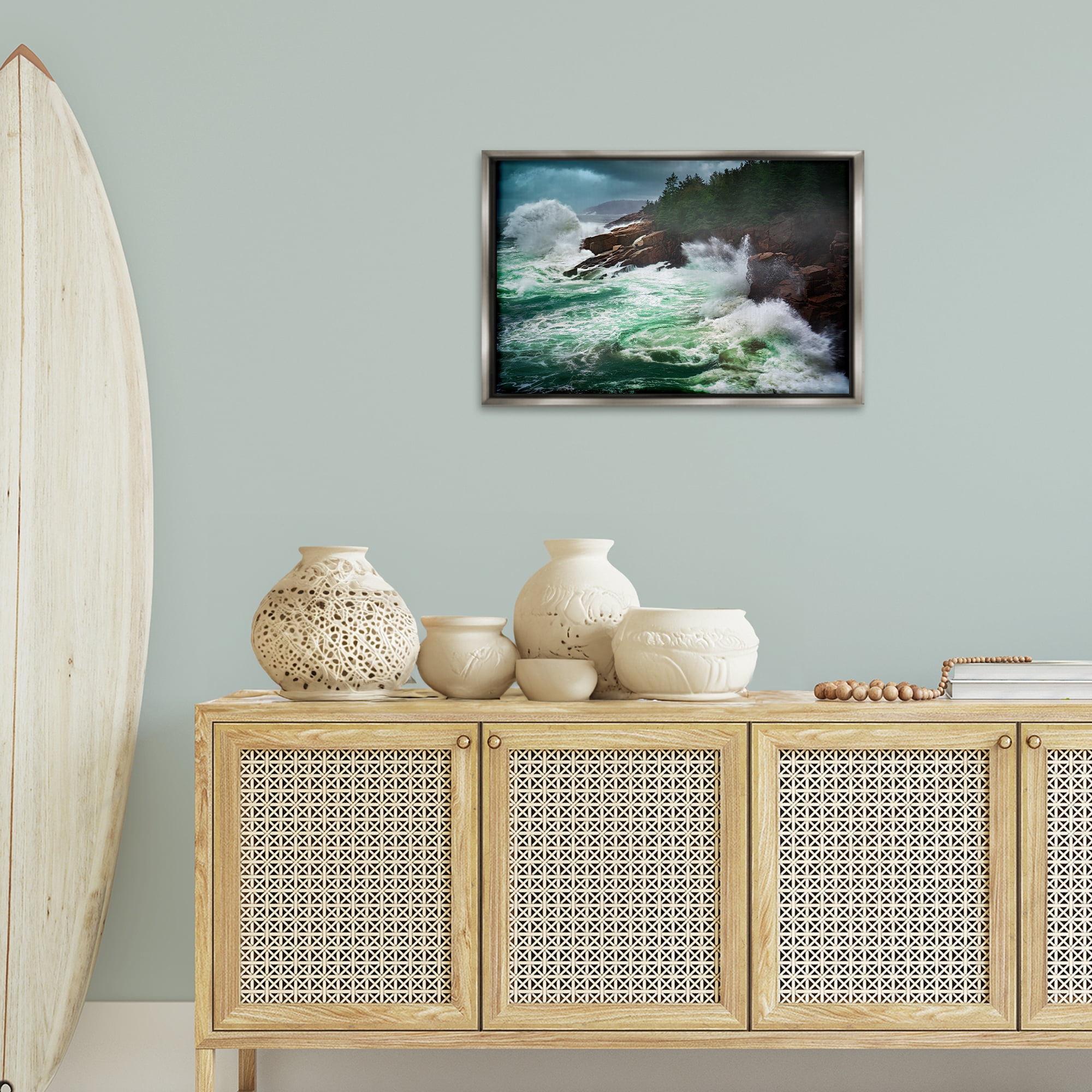 Stupell Industries Strong Crashing Waves Nautical & Beach Photography Gray Floater Framed Canvas Art Print Wall Art, 25 x 17