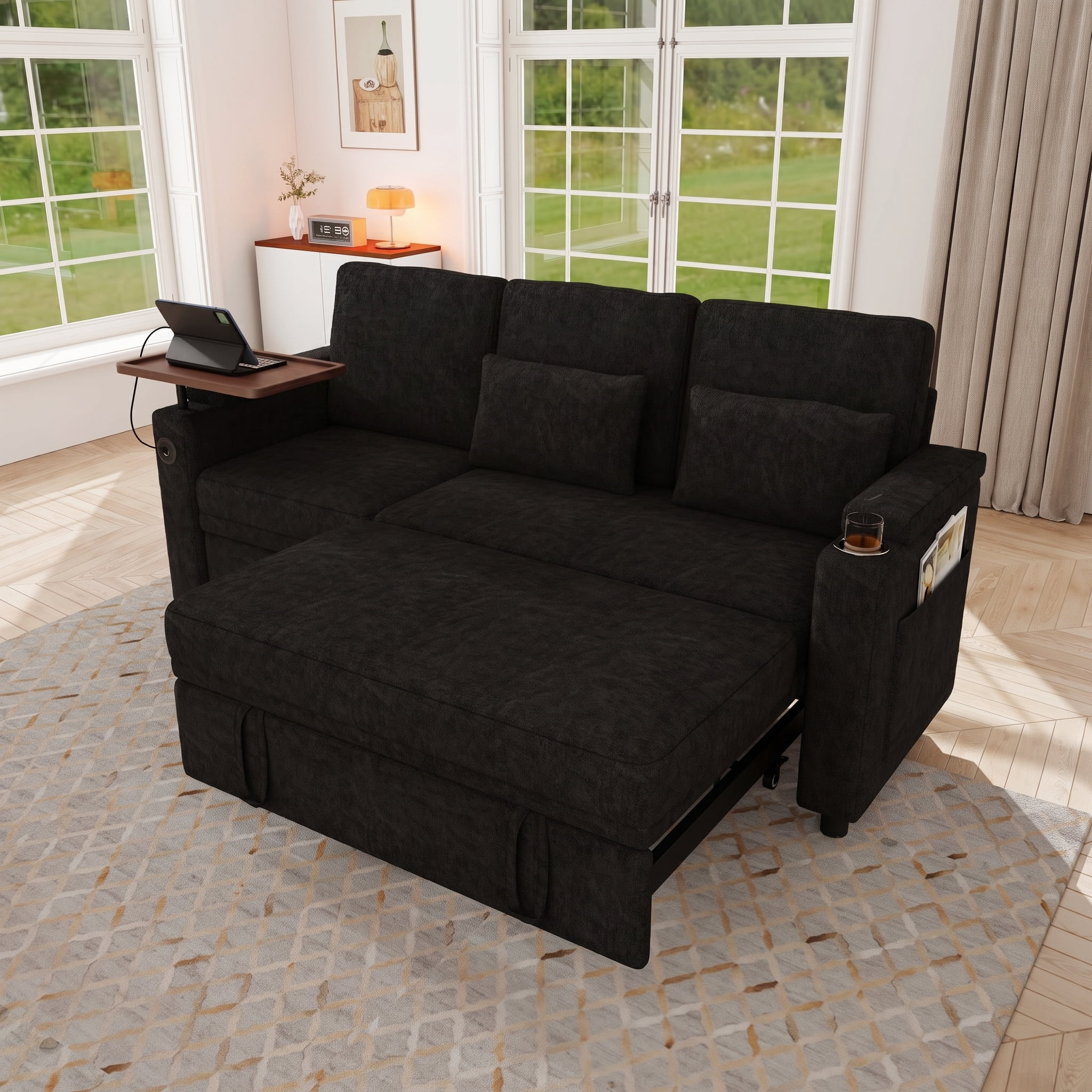 Leumius 3-in-1 Foldable 3 Seater Sofa Bed with Table Board,USB Ports,Armrest Storage,Adjustable Backrest,81inch Multi-Functional Chenille Fabric Sofa Couch for Living Room,Black