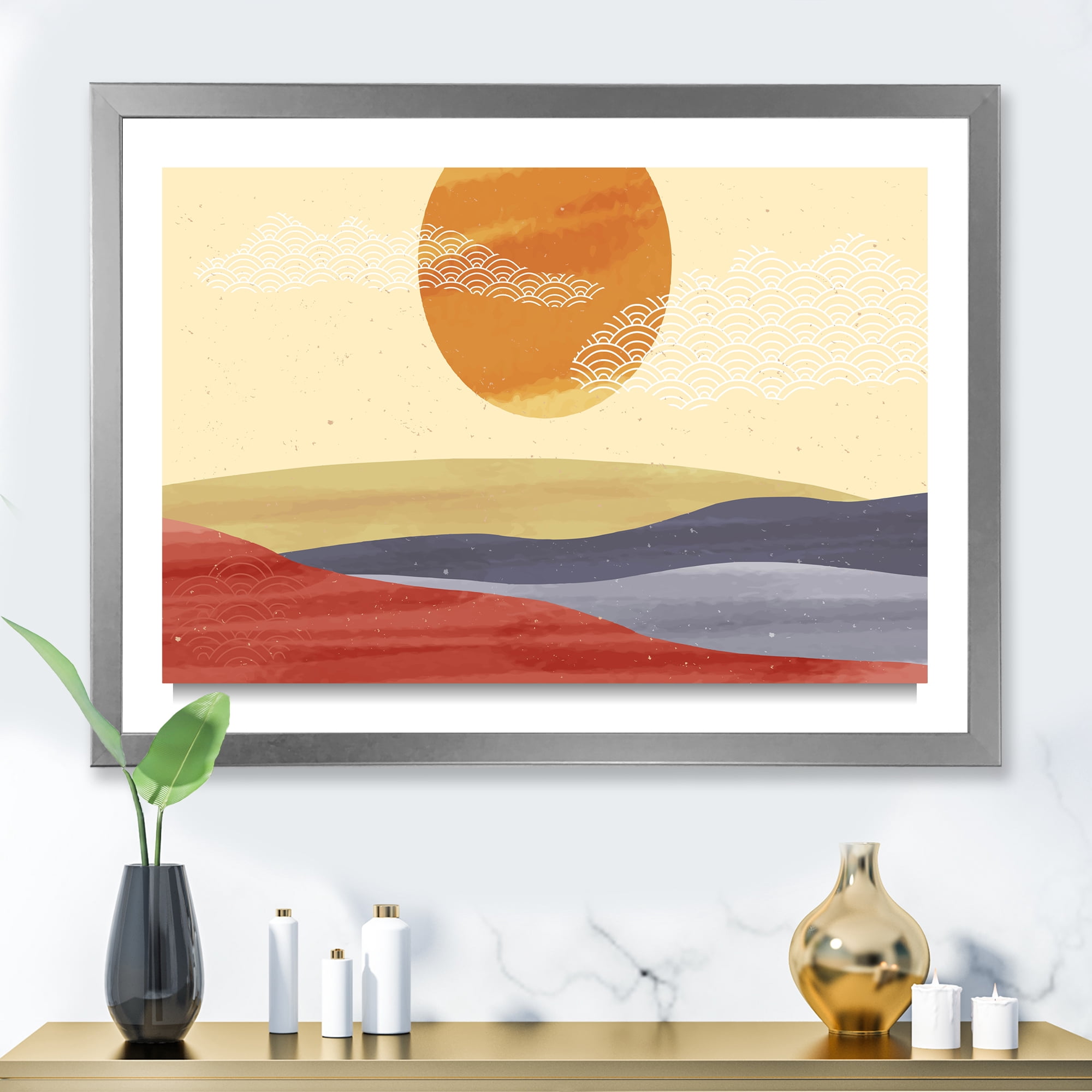Designart 'Abstract Minimalistis Landscape Mountain & Moon' Modern Framed Art Print