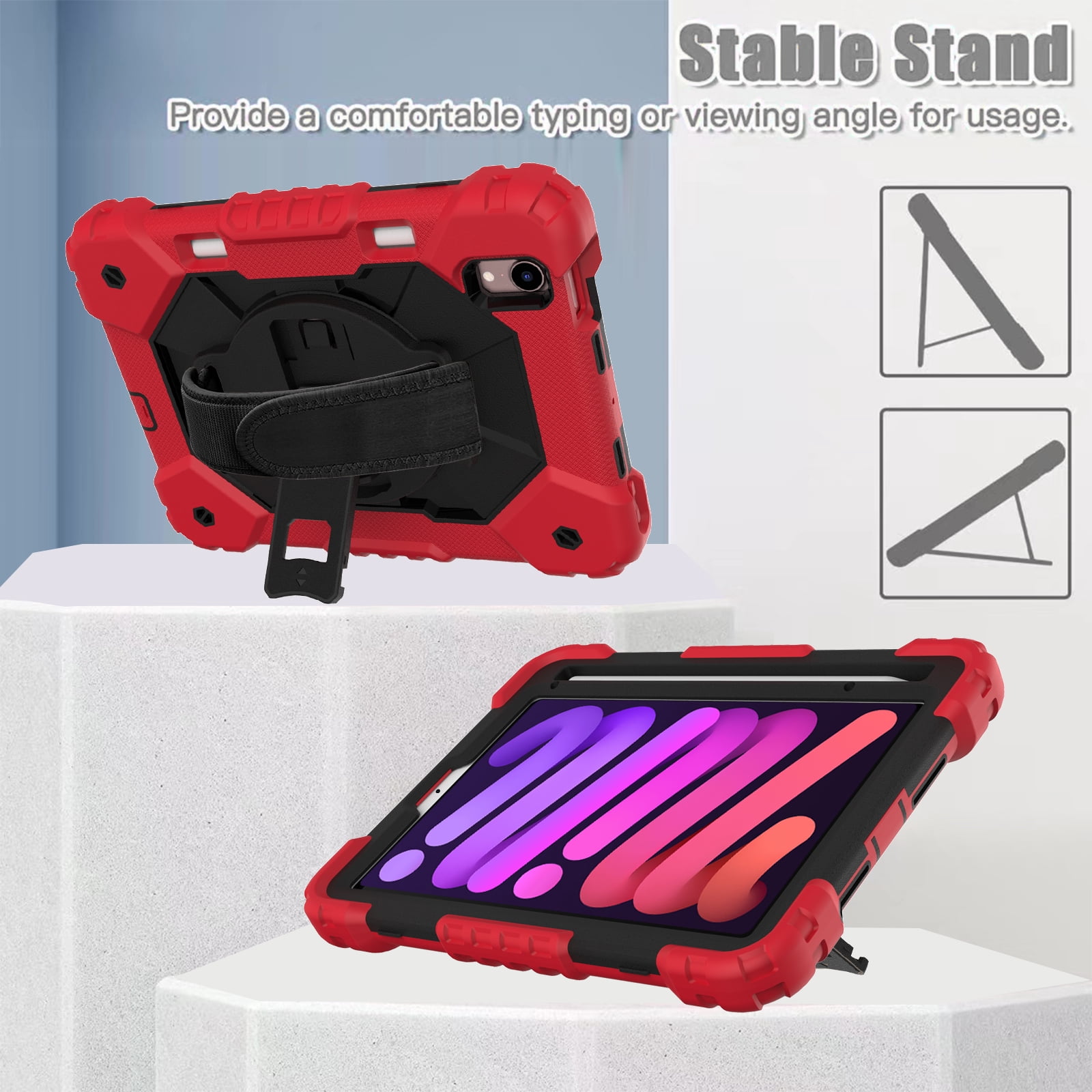 Case for iPad Mini 6 2021 8.3-inch, Kids Shockproof Rugged Hybrid 360 Rotating Stand Cover with Hand Shoulder Strap/Pencil Holder