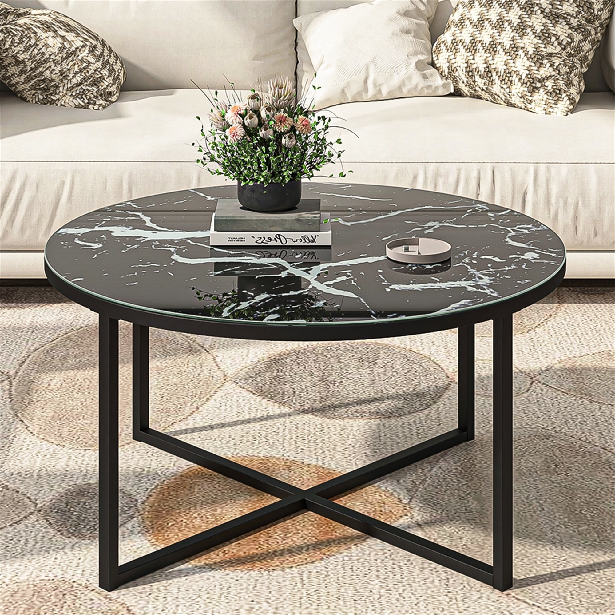 Spcao 32" Modern Round Coffee Table for Living Room Marble Glass Center Coffee Table Spcao 32" Modern Round Coffee Table for Living Room Marble Glass Center Coffee Table