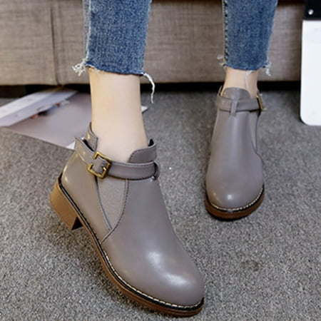 

Fashion Autumn And Winter Women Ankle Boots Round Toe Low Heel Buckle Short Plush Warm Comfort Solid Color Casual Simple Style