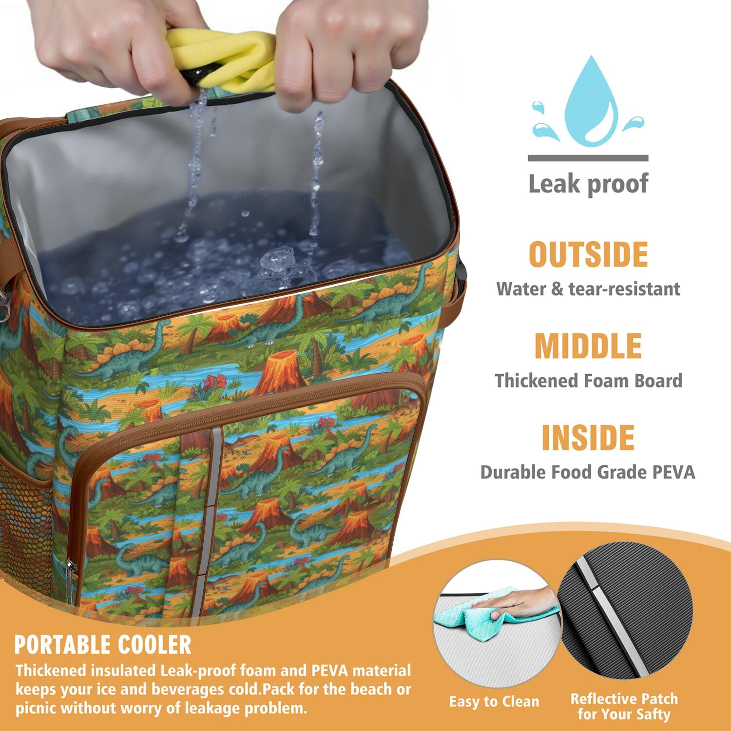 Travel Cooler Bag - Colorful Dinosaurs River Volcanoes Pattern Camping Beer Cooler Backpack with Bottle Opener- Waterproof Insulated Picnic Backpacks - Cooler Bag for Beach