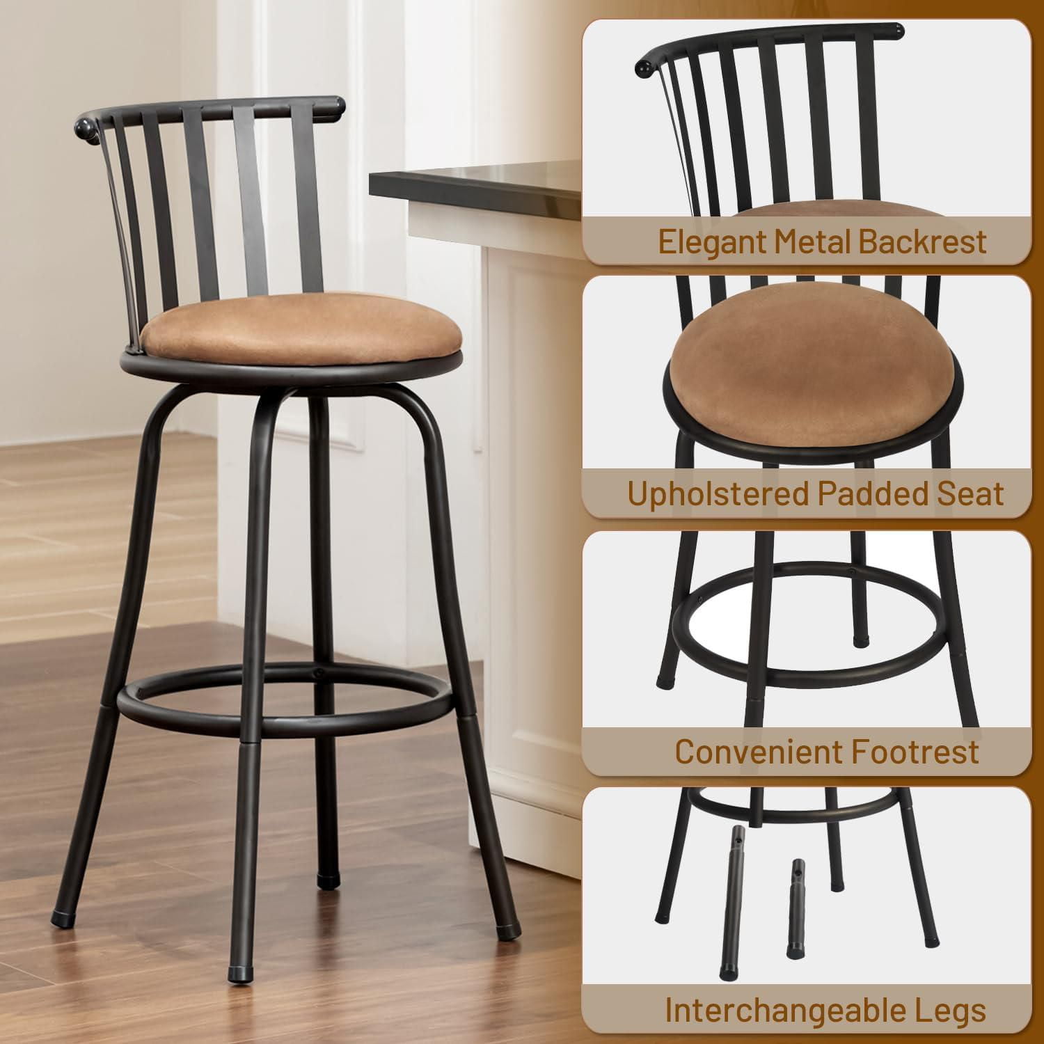 Homylin Barstool Set of 3, Industrial Style, Height Adjustable Swivel Counter Chairs Set with Upholstered Backrests.