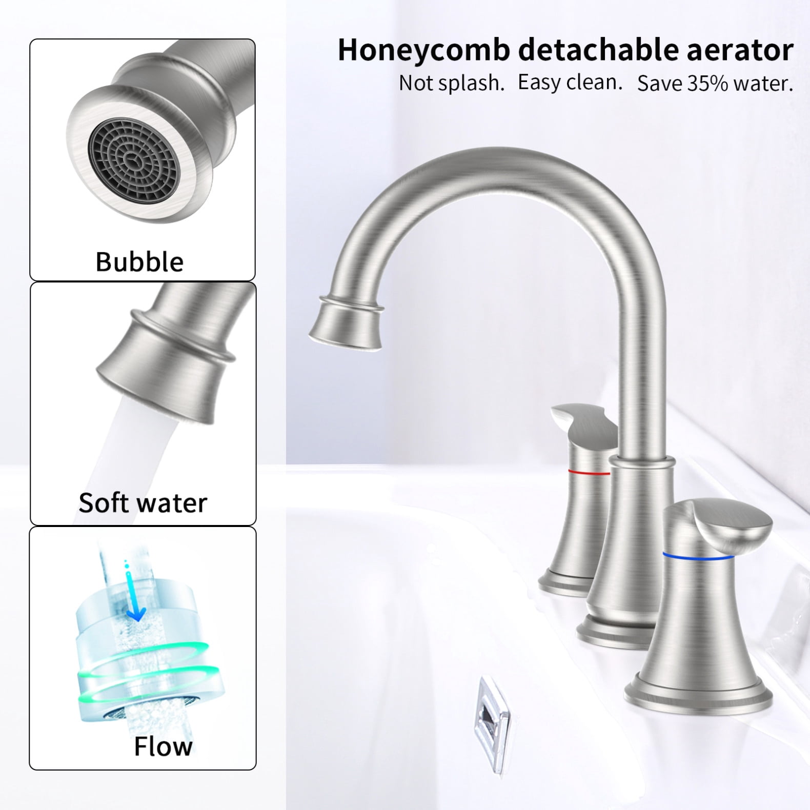 2 Handle 8 Inch Widespread Bathroom Sink Faucet with Pop-Up Drain, High Arc Modern Bathroom Vanity Lavatory Faucet 3 Holes with Brass 360° Swivel Spout, Brushed Nickel