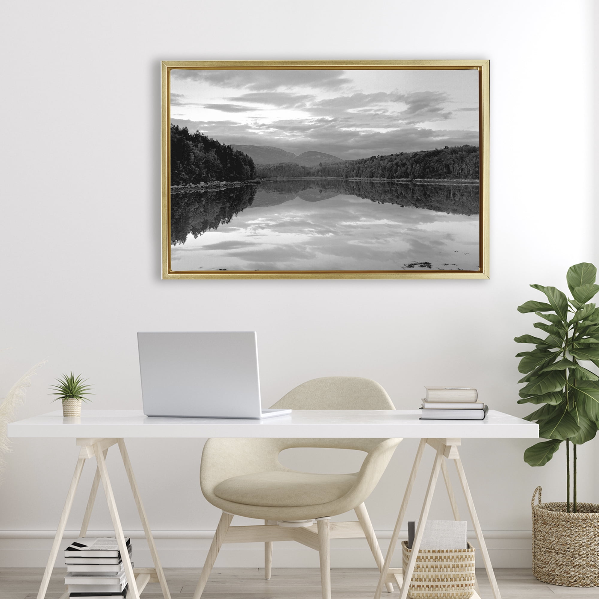 Stupell Industries Acadia Reflection in Monochrome Gold Framed Floater Canvas Wall Art, design by MJ Photography