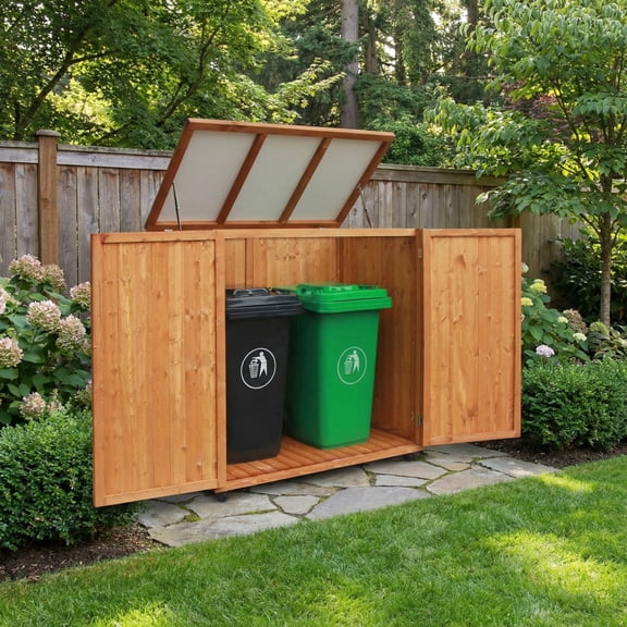 Beneouya Lockable Door Wooden Trash Can Storage Storage Shed with Floor & Wheels, 46.2 in x 48 in x 26 in