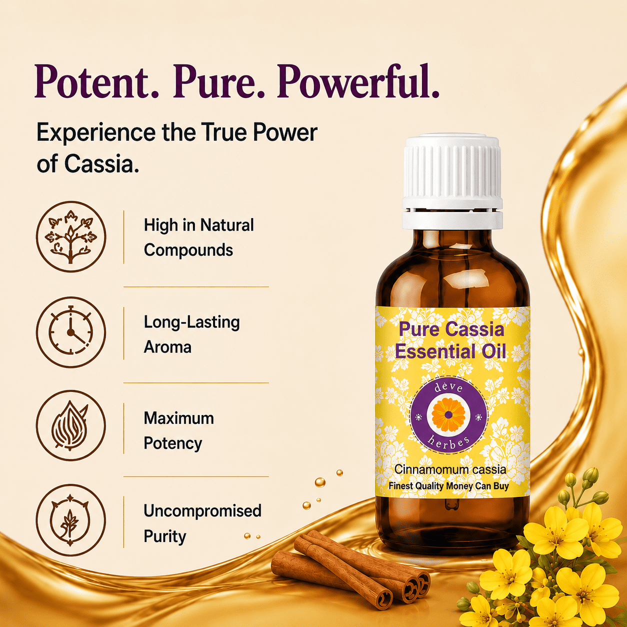 Deve Herbes Cassia Essential Oil (Cinnamomum Cassia) - 3.38 Fl Oz (100ml) - 100% Natural Cassia Oil for Massage, Warming Blends & Aromatherapy- without Dropper
