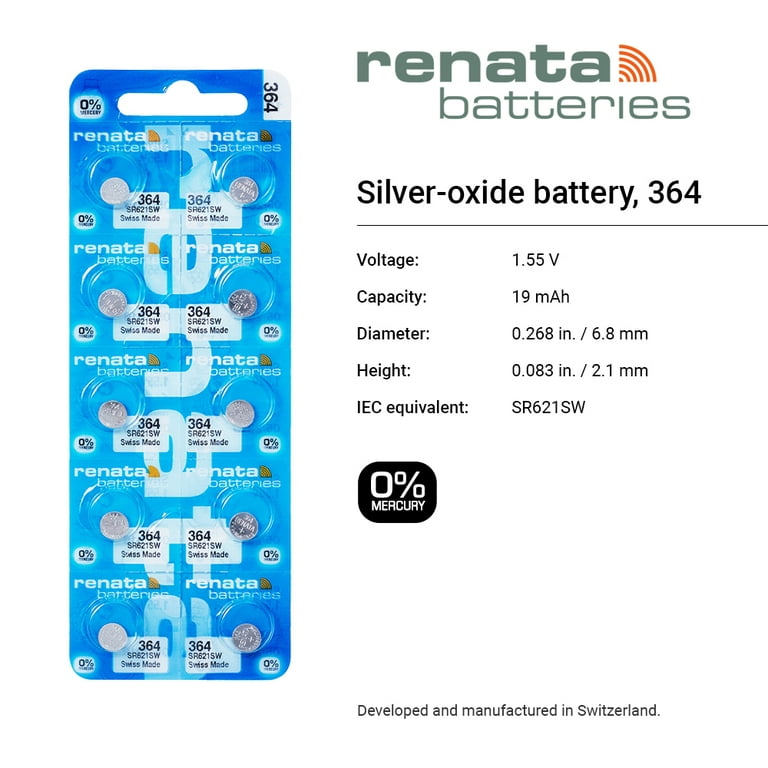 Renata 364 AG1 SR621SW SR621 SR60 363 164 LR621 LR60 D364 Silver Oxide  Mercury Free Electronic Batteries x 5