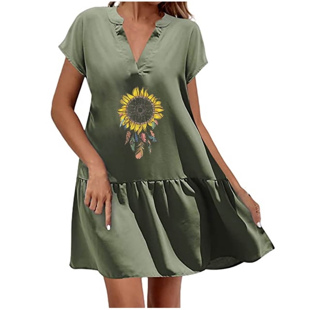 Vestido de falda corta de lino y algodón con estampado de manga corta y cuello en V de moda sexy informal para mujer Pompotops ghjkhdj17342