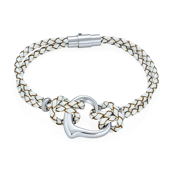 Bling Jewelry Womens White Double Strand Braided Leather Bracelet Heart Charms Stainless Steel