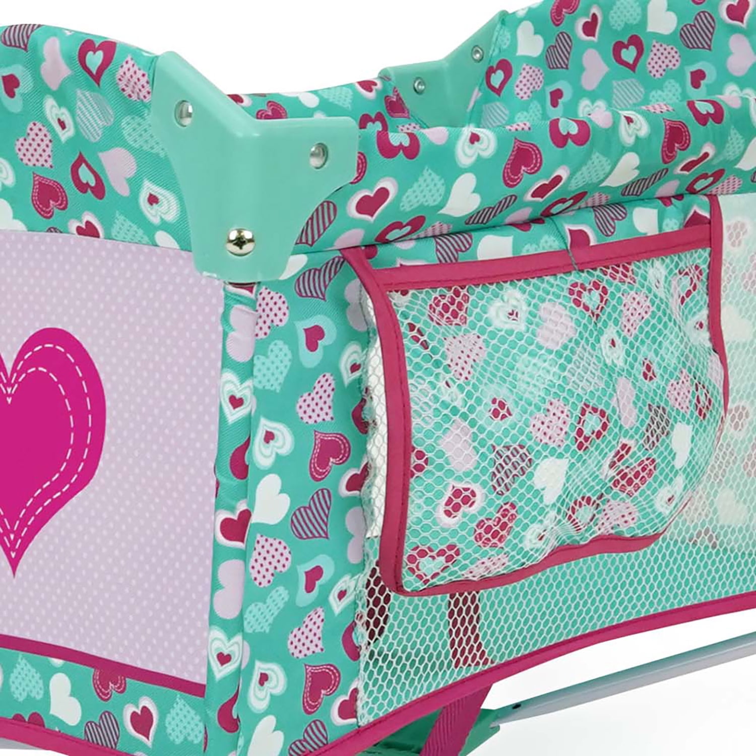 509 Crew: Mint Heart - Dream n' Fun Doll Play Yard - Pink & Green, Portable Sleep Crib, Storage Pockets, Toys-Dolls-Stuffed Animals Accessory, Kids 3+