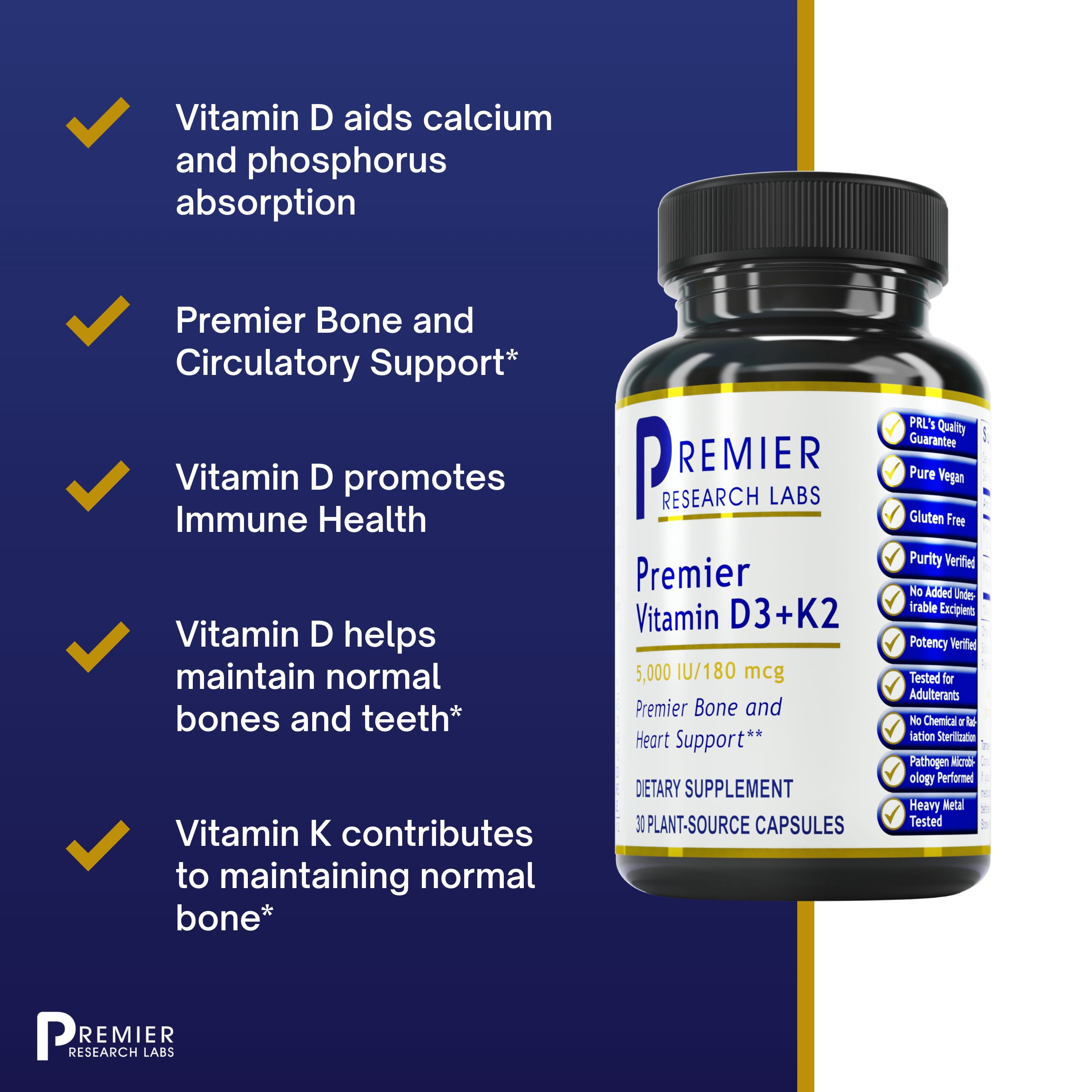 Premier Research Labs Vitamin D3 + K2 - Supports Bone & Heart Health - Vegan Supplements - Vitashine & Menaquinone - Gluten-Free - Quality Tested - 30 Plant-Source Capsules