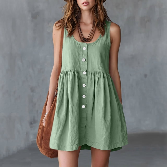 Robes Mini pour Femmes à Col Rond Sans Manches Style Bohème Vacances à Boutons devant Légères Respirantes Coupe Ample Robes