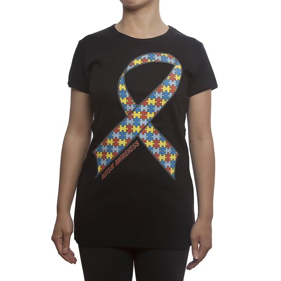 Womens Autism Awareness Ribbon Short-Sleeve T-Shirt - Black - X-Large